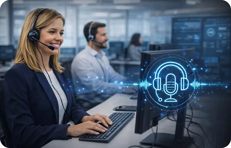 AI voice agent working at a desk with a glowing microphone interface